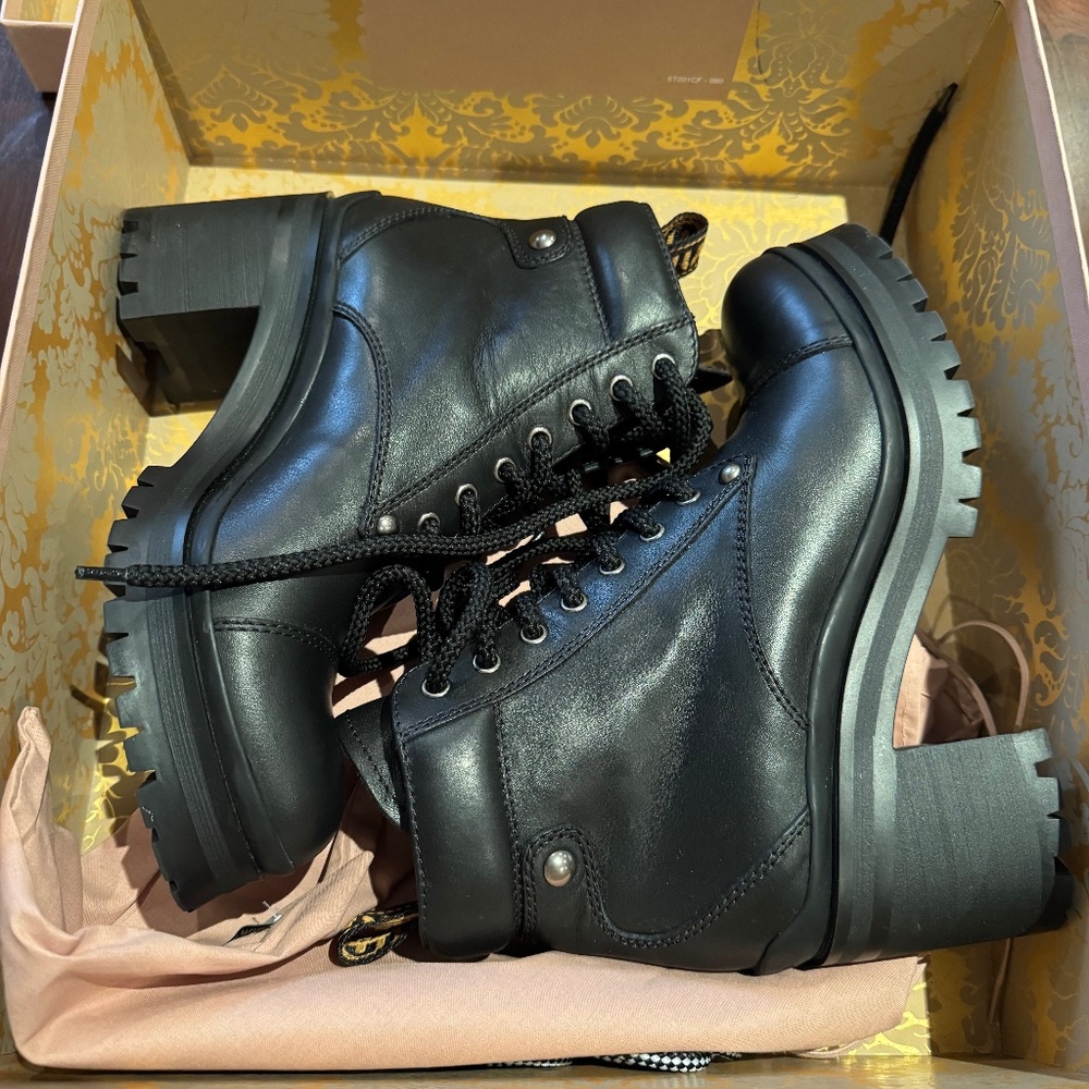 Miu Miu Black Leather Lace-Up Combat Boots